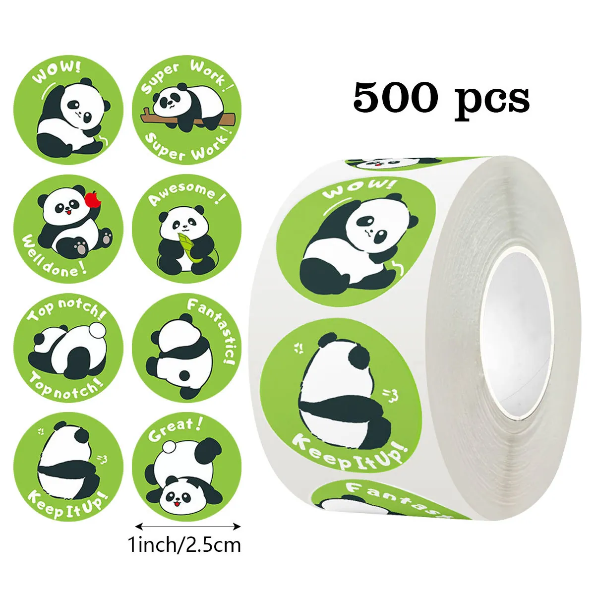 Pegatinas de Recompensa de Panda de Dibujos Animados para Maestros Estudiantes Pegatinas de Incentivo Redondas Verdes para Escuela Aula Oficina Etiquetas Adhesivas Decorativas