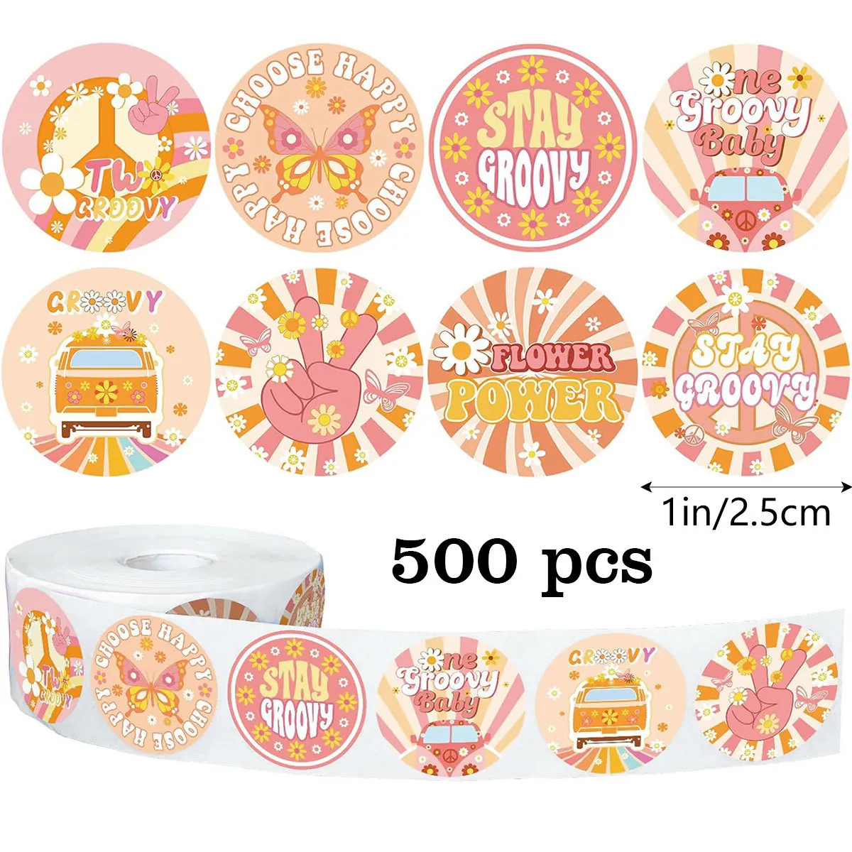 Autocollants en Rouleau Marguerite Graffiti Hippie Bohème Fleur Rétro Signe de Paix Décalcomanies Adhésives Rondes pour Anniversaire Fête Cadeau Enveloppe Sac de Boulangerie Décoration DIY