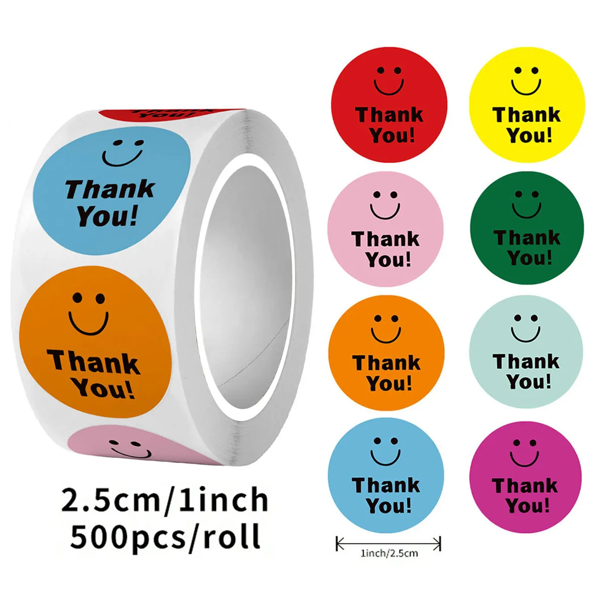 Autocollants de Scellage Ronds Multicolores Visage Souriant Thank You pour Boîtes Cadeaux Décoration Enveloppe Anniversaire Mariage Fête