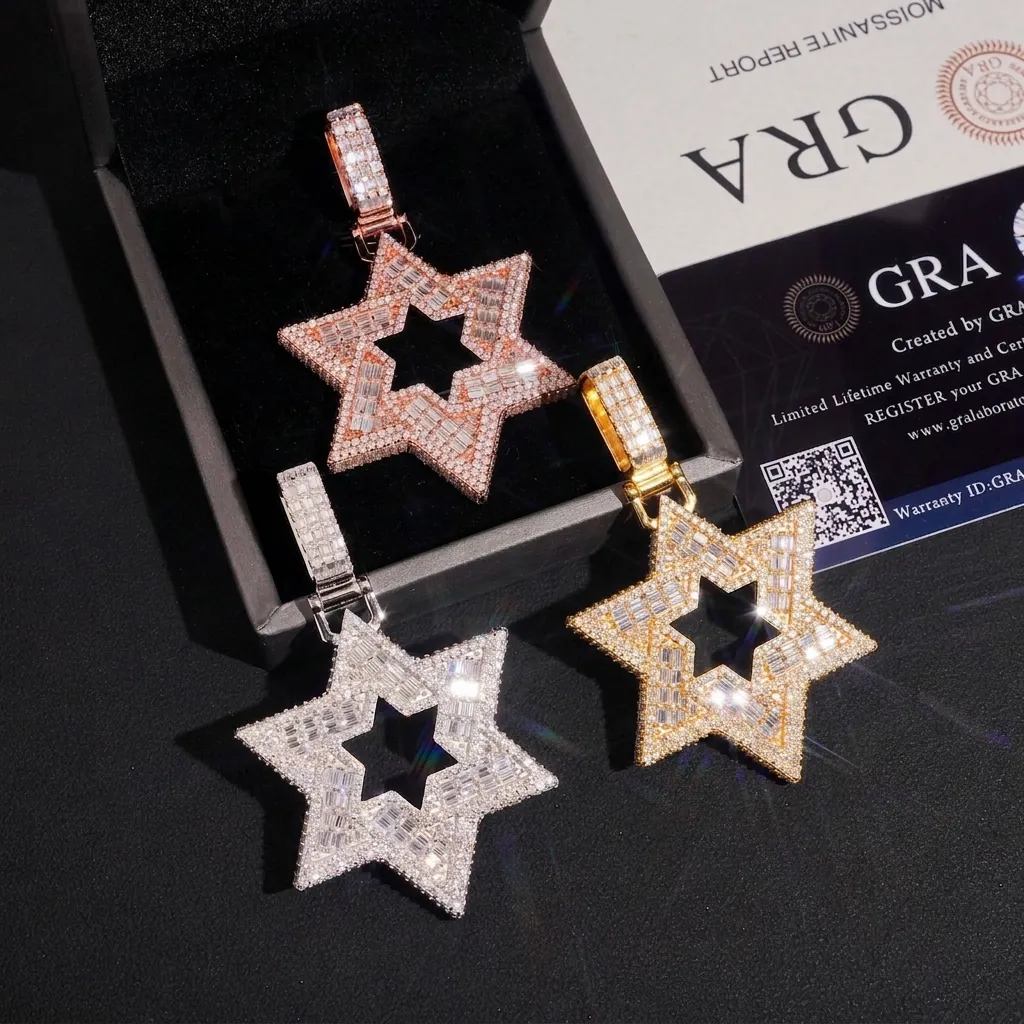 Hip Hop S925 Sterlingsilber Moissanit Stern Anhänger Für Herren Iced Out Bling Hexagramm Stern Kette Anhänger Schmuck Mit GRA