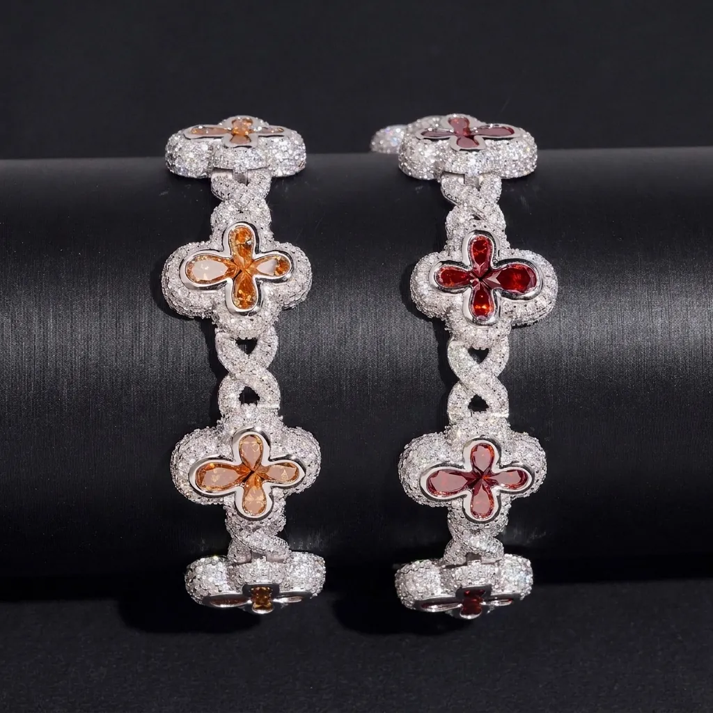 Hip Hop 925 Sterling Silver Cross Bracelet Iced Out Micro Pave Champagne Garnet Red Moissanite GRA Jewelry Gift Unisex
