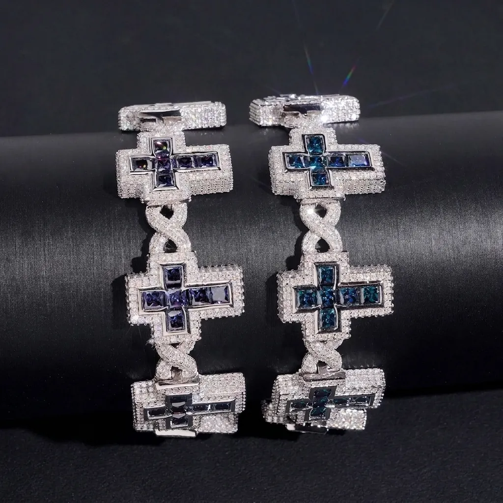 Iced Out Cross Bracelet S925 Sterling Silver Colorful Moissanite Hiphop Luxury Bangle GRA Certified Jewelry For Men Women