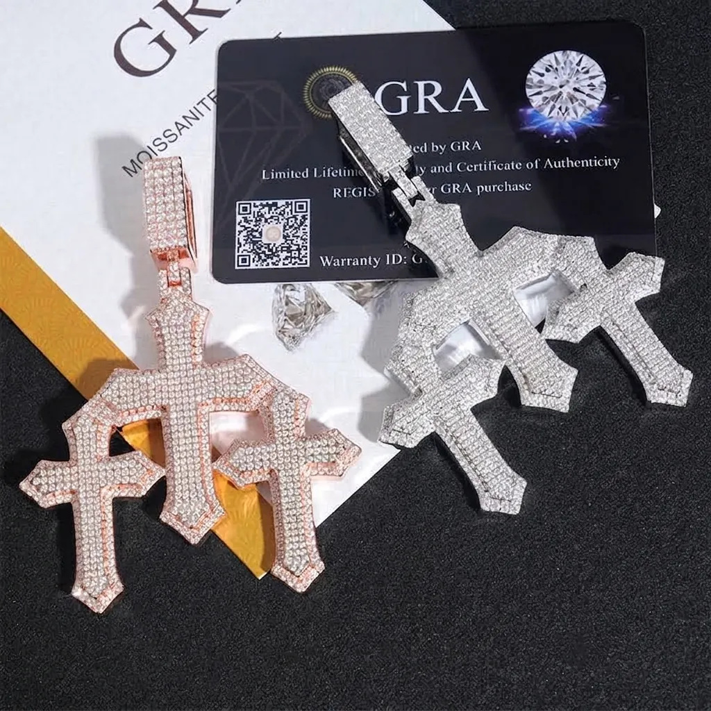 Colgante de Cruz de Moissanita para Hombre Plata de Ley 925 Hip Hop Triple Capa Joyería de Cruz con Certificado GRA