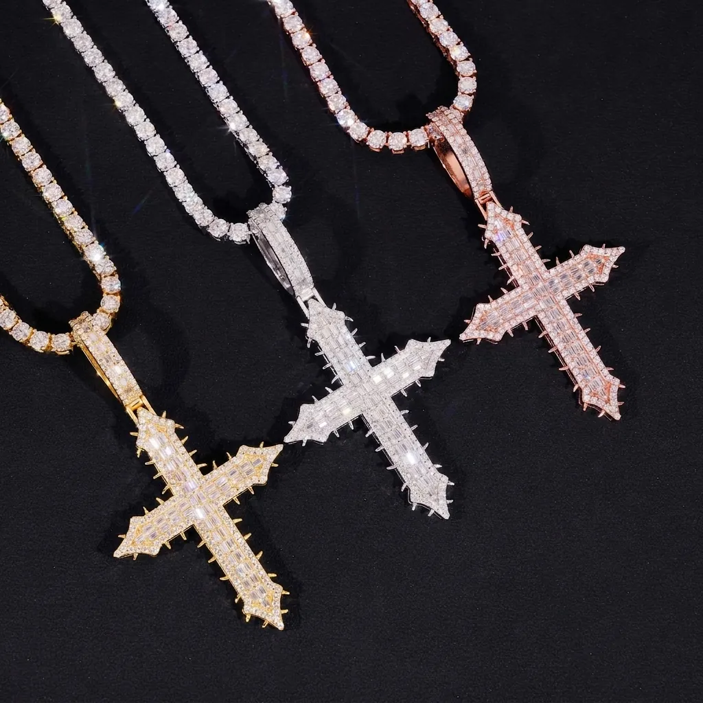 Hip Hop S925 Sterlingsilber Moissanit Kreuz Anhänger Halskette Für Herren Damen Iced Out Spike Schmuck Mit GRA Zertifikat