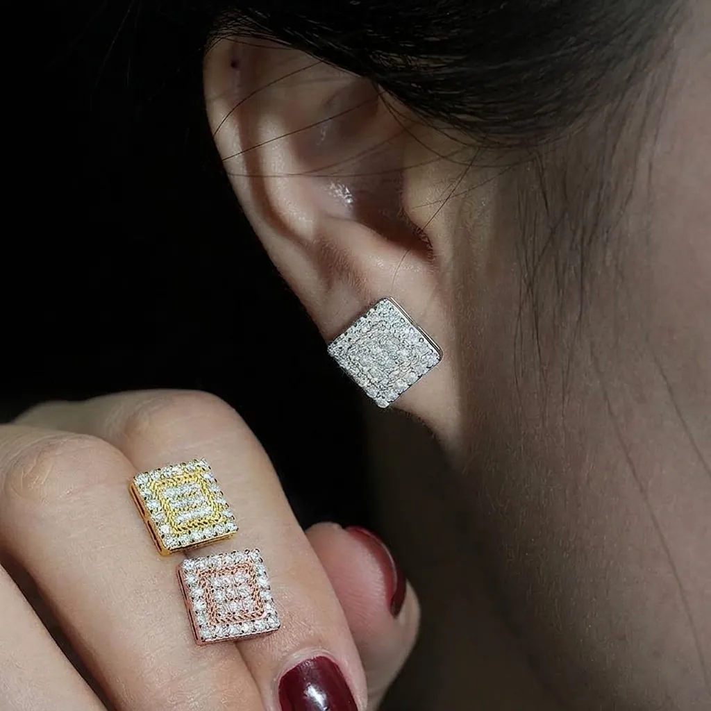 Pendientes de Botón de Moissanita de Plata de Ley 925 para Hombre Mujer Cuadrados Empedrados Minimalistas Geométricos Cierre Tornillo Joyería