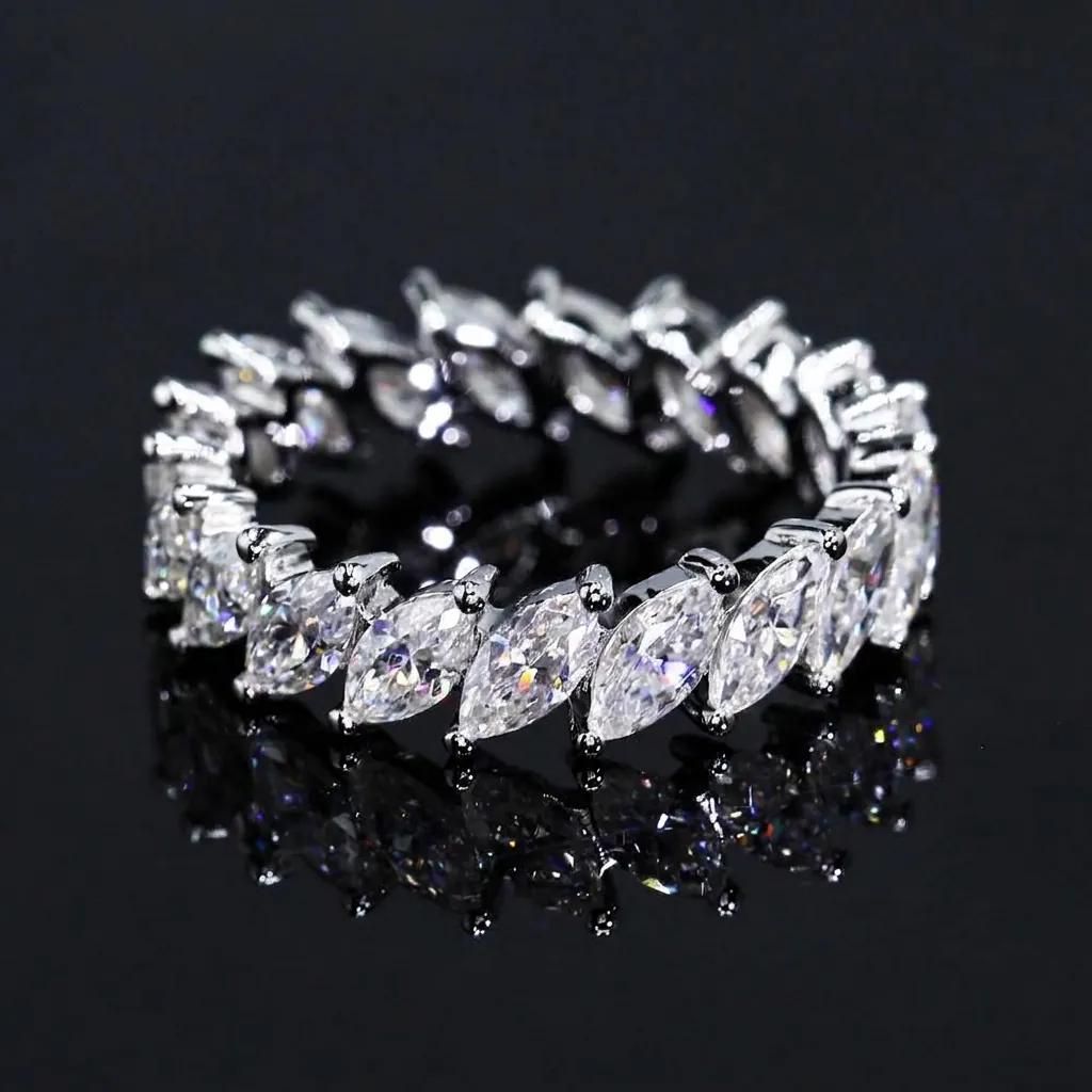 Anillo Eternity de Moissanita Marquesa de Plata de Ley 925 VVS Pave Band Hip Hop Moda Unisex Joyería Anillo Regalo