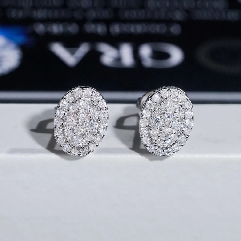 GRA Pendientes de Botón de Moissanita Ovalados de Plata de Ley 925 Chapados en Oro Blanco Engaste Pavé Joyería Hip-Hop Lujosa para Mujer Hombre