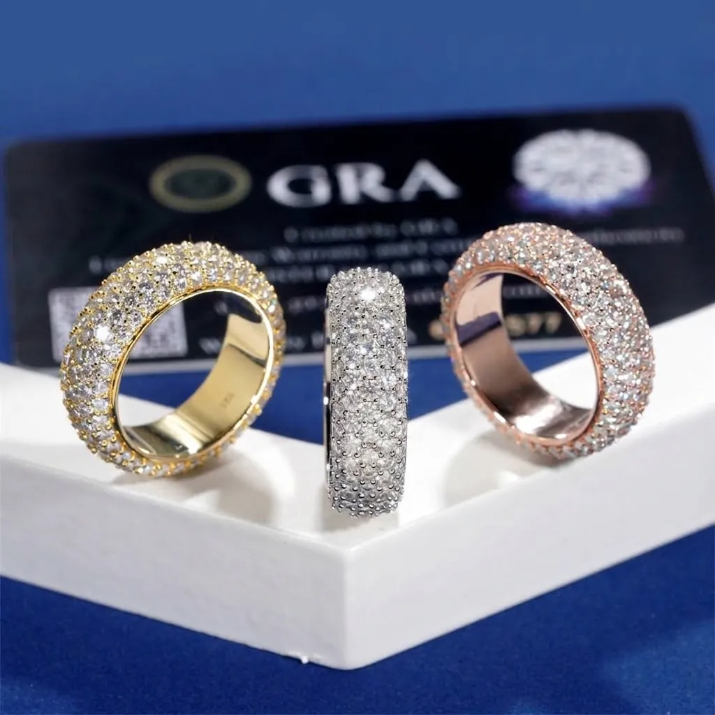 Anillo de Moissanita de Plata de Ley 925 Hip Hop Para Hombres Mujeres Pavé Redondo Color D Con Certificado GRA Joyería
