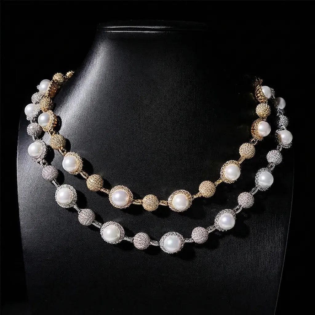 Hip Hop GRA Moissanite Artificial Pearl Pave Necklace 925 Sterling Silver 10mm Beads Iced Out Jewelry For Men Women Trendy Gift
