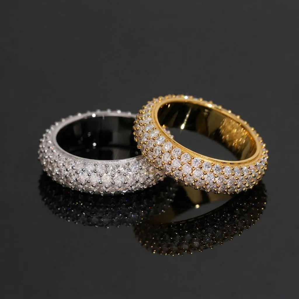 Anillo de Moissanita de Plata de Ley 925 Hip Hop para Hombre Mujer Certificado GRA VVS Cuatro Filas Redondo Incrustado Joyería