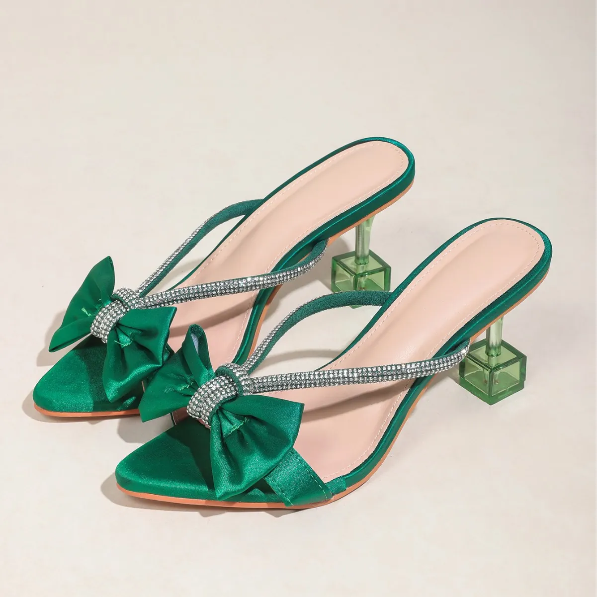 Sandali da Donna con Tacco Alto Punta Acssentuata Eleganti Fiocco in Raso Decorazione in Strass Scarpe con Tacco in Vetro Trasparente