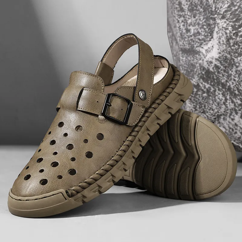 Men's Retro Microfiber Leather Hollow Out Breathable Sandals Casual Two-Way Wear Slip-On Outdoor Beach Shoes Non-Slip Plus Size