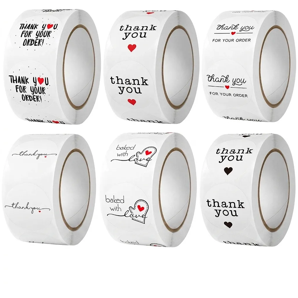 Thank You Stickers Roll For Business Small Shops Round Gift Seal Labels With Heart Pattern Handmade Baking Packaging Labels