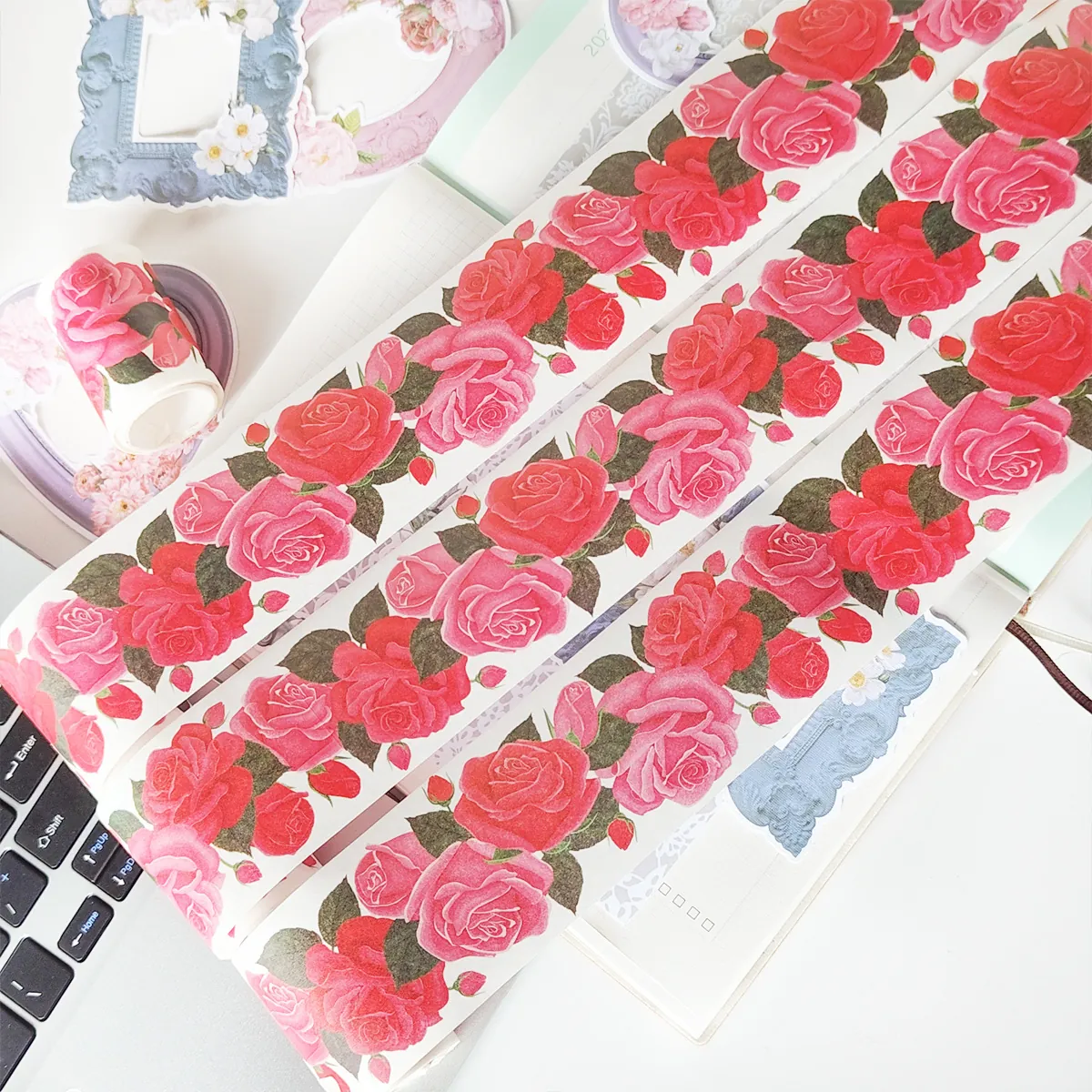 Nastro Washi Retro Rosa Rossa Fiore Nastro Adesivo Decorativo per DIY Scrapbooking Journaling Arti Artigianato Collage Forniture