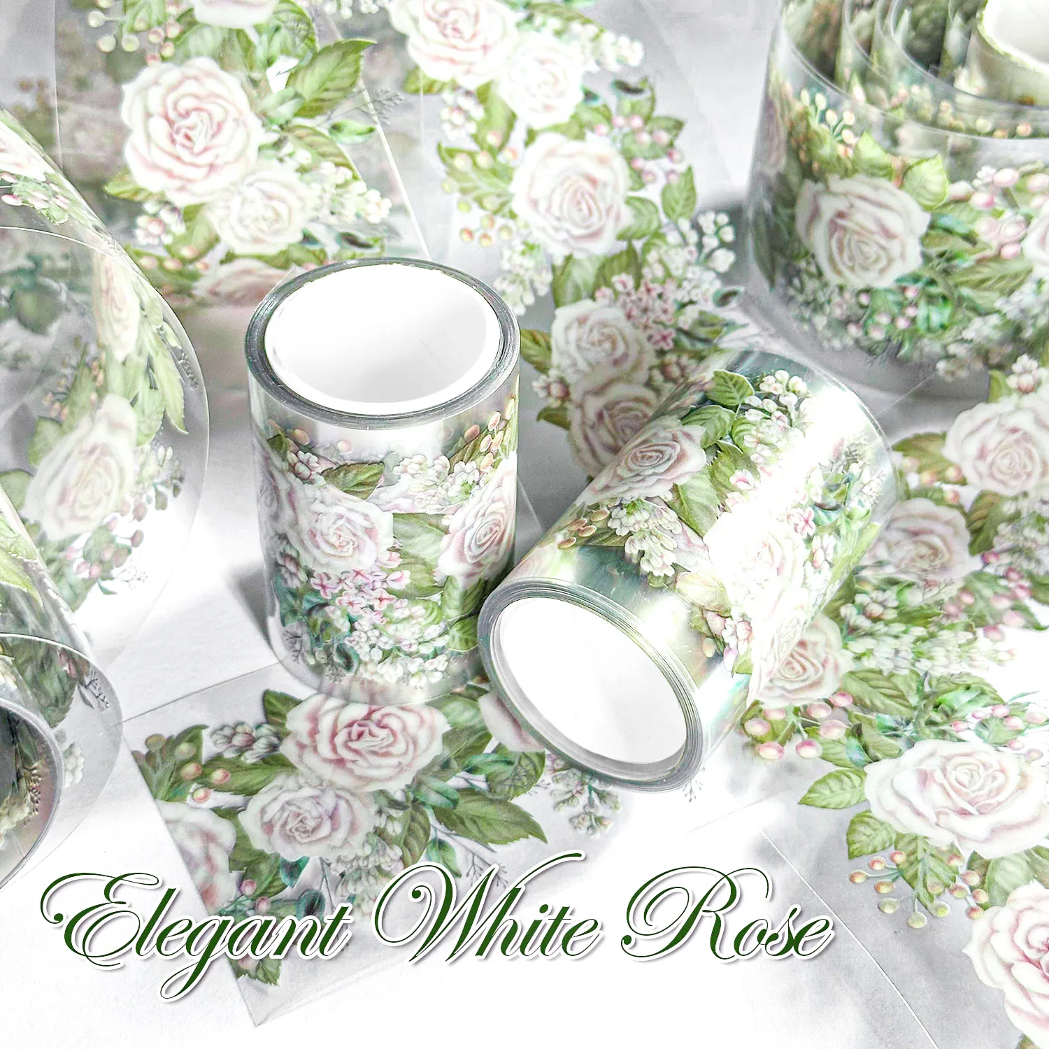 Eleganter Weißer Rose PET-Klebeband Für Scrapbooking Journaling DIY Handwerk 2M Dekoratives Blumen-Sticker-Tape Nordischer Stil