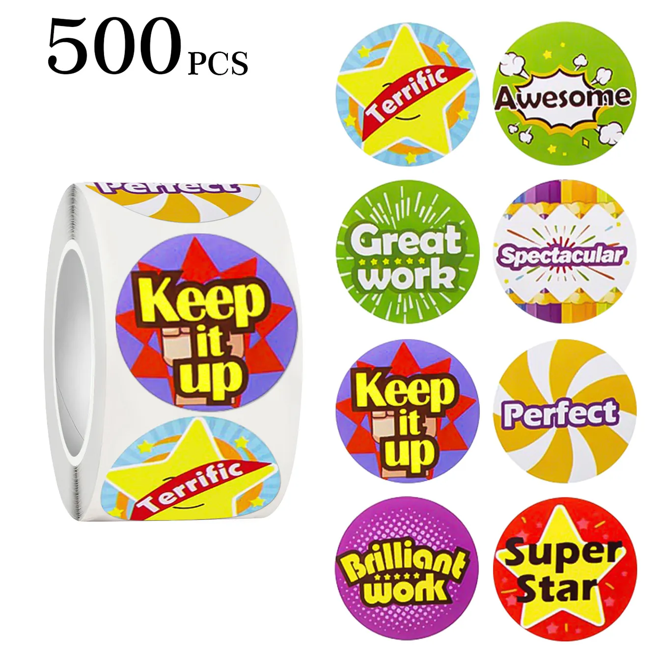 500Pcs Roll Children Reward Stickers Multicolor Round Motivational English Word Labels For Teachers Classroom Kids Stationery Encouragement