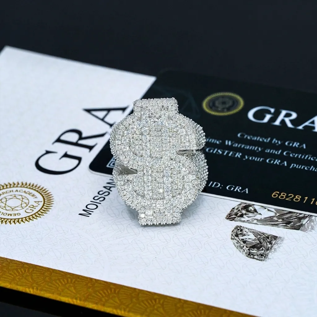 S925 Sterling Zilver Moissaniet Dollar Ring Mannen Hiphop Micro Pave D Kleur Iced Out Zegelring Met GRA Certificaat Sieraden
