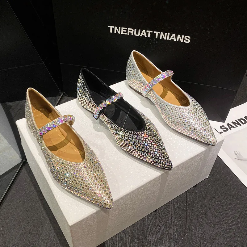 Damen Strass Perlen Mary Jane Ballerinas Spitze Zehen Glitzernde Mikrofaser Gummisohle Mode Hochzeit Party Schuhe