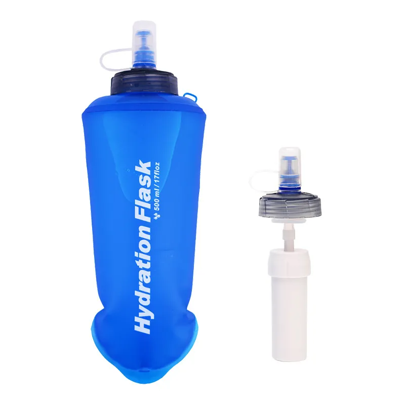 Outdoor Portable Foldable TPU Filtered Water Bag 500ml Soft Flask with UF Water Filter Purifier for Camping Hiking Survival