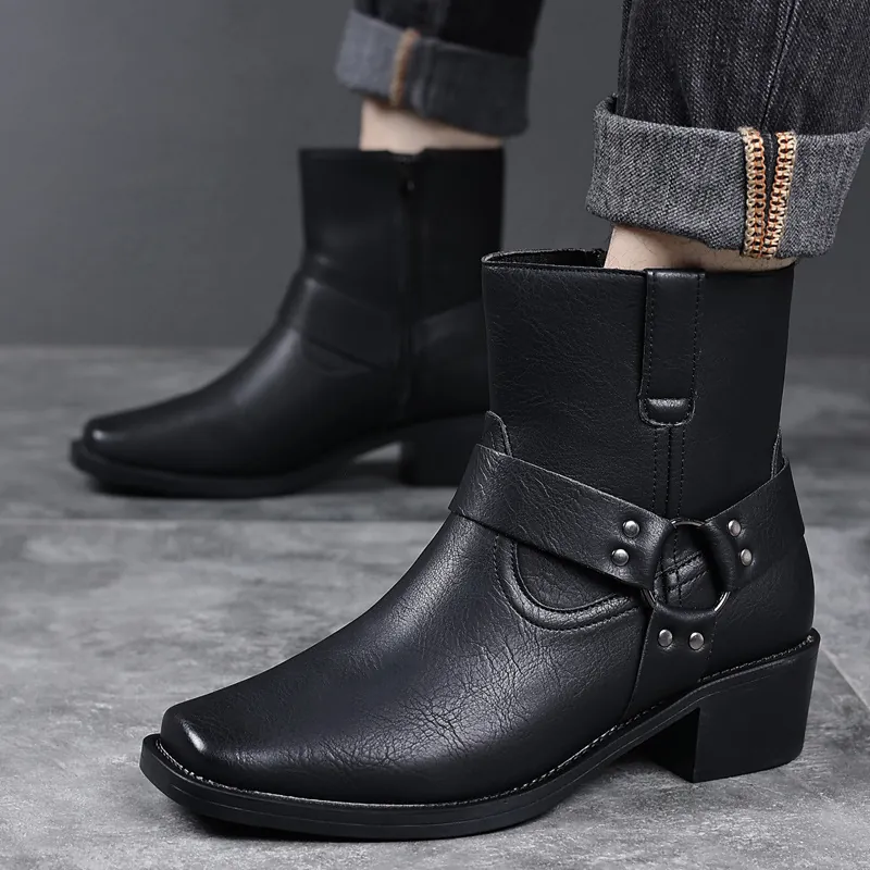 Uomo Stivali Martin Punta Quadrata Retro Cerniera Laterale Tacco a Blocco Pelle di Vacca Stivali da Moto Metallo Nero Marrone