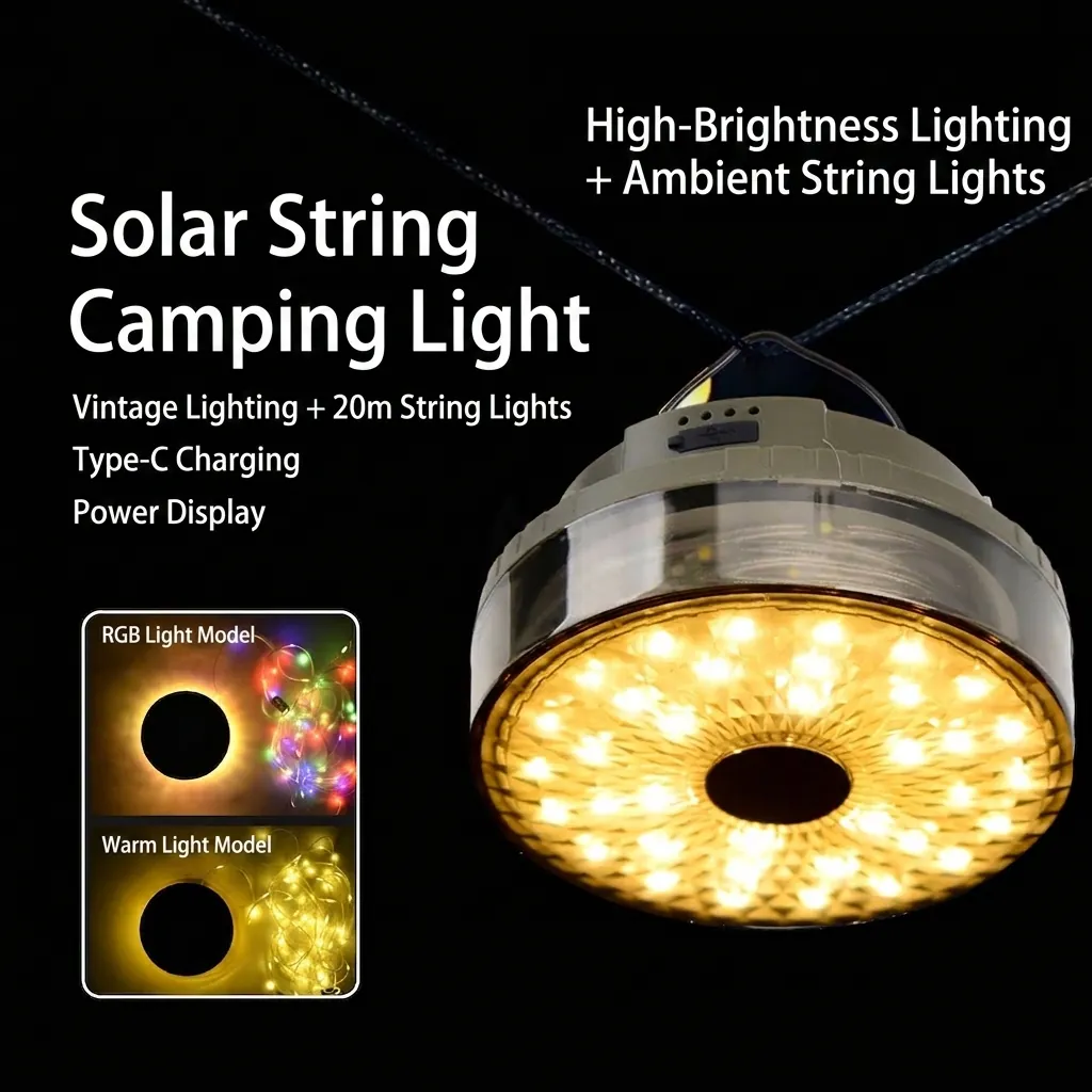Solar Powered Camping Lantern With Integrated String Lights Waterproof LED Tent Atmosphere Lamp USB Rechargeable Outdoor Hiking Emergency Light