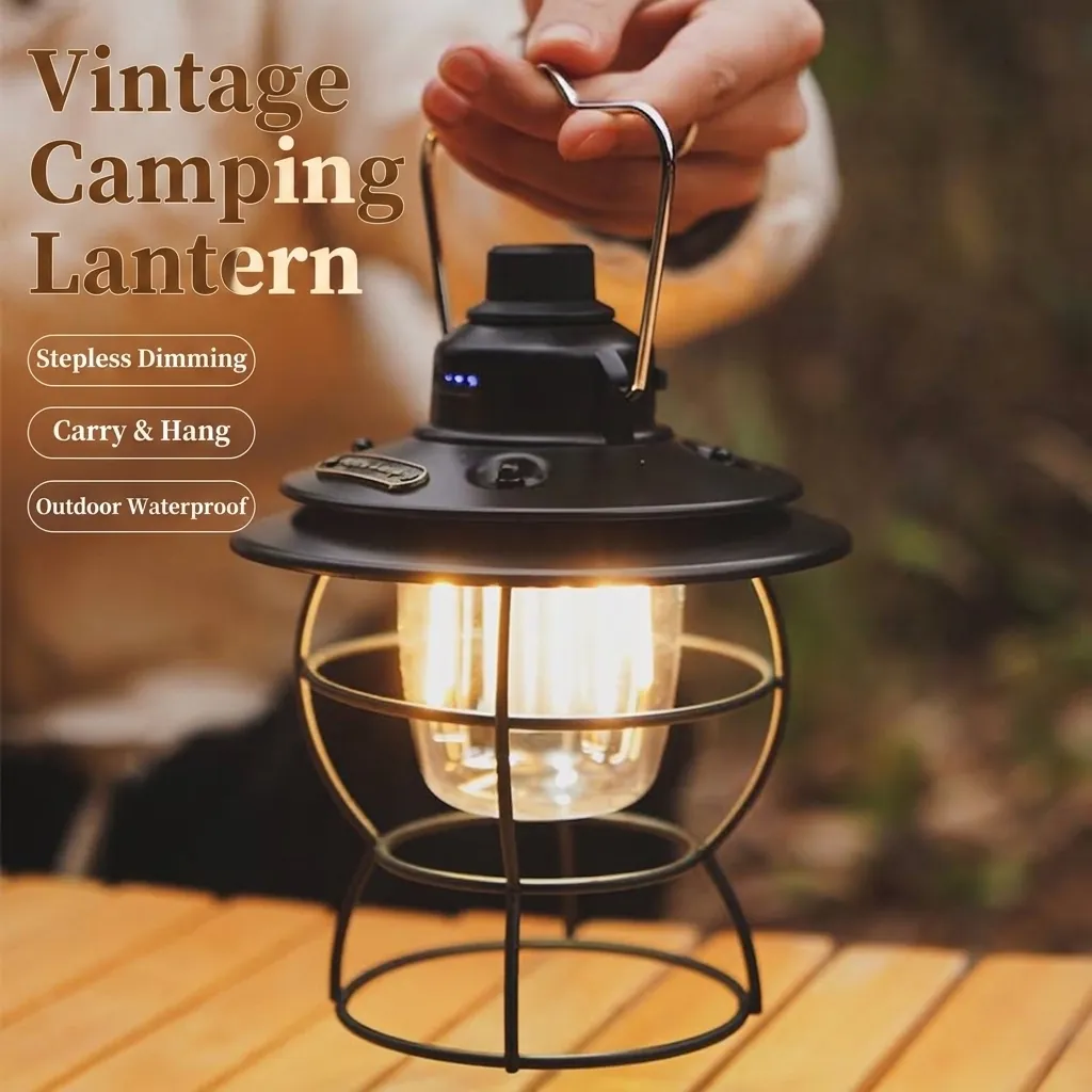 Vintage LED Camping Lantern Rechargeable Portable Retro Lamp For Outdoor Tent Hiking Garden Atmosphere Hanging Lighting