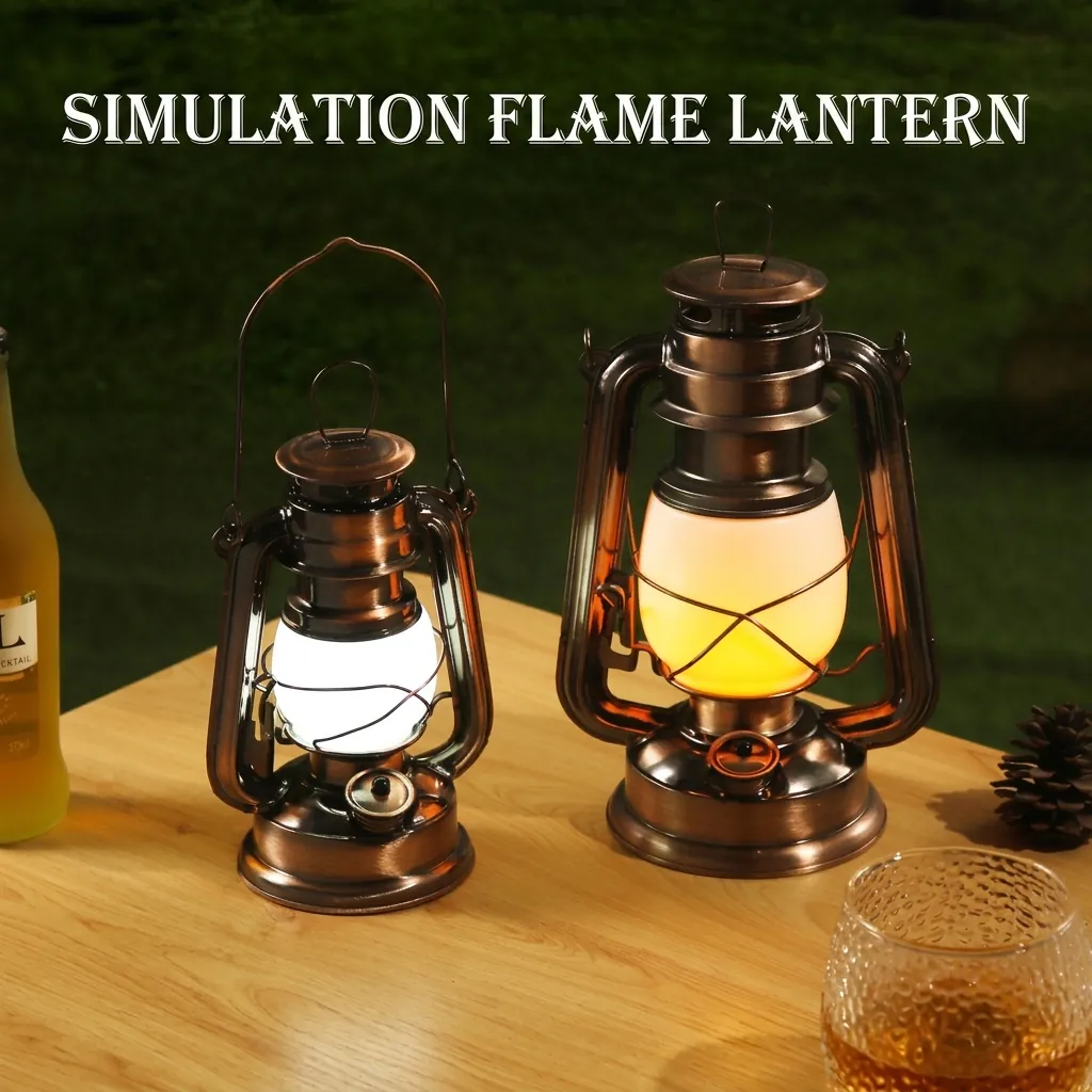 Lanterna da Campeggio LED Retro Ricaricabile Metallo Banda Stagnata Vetro Lampada a Cherosene Dimmerazione Sospensione Tenda