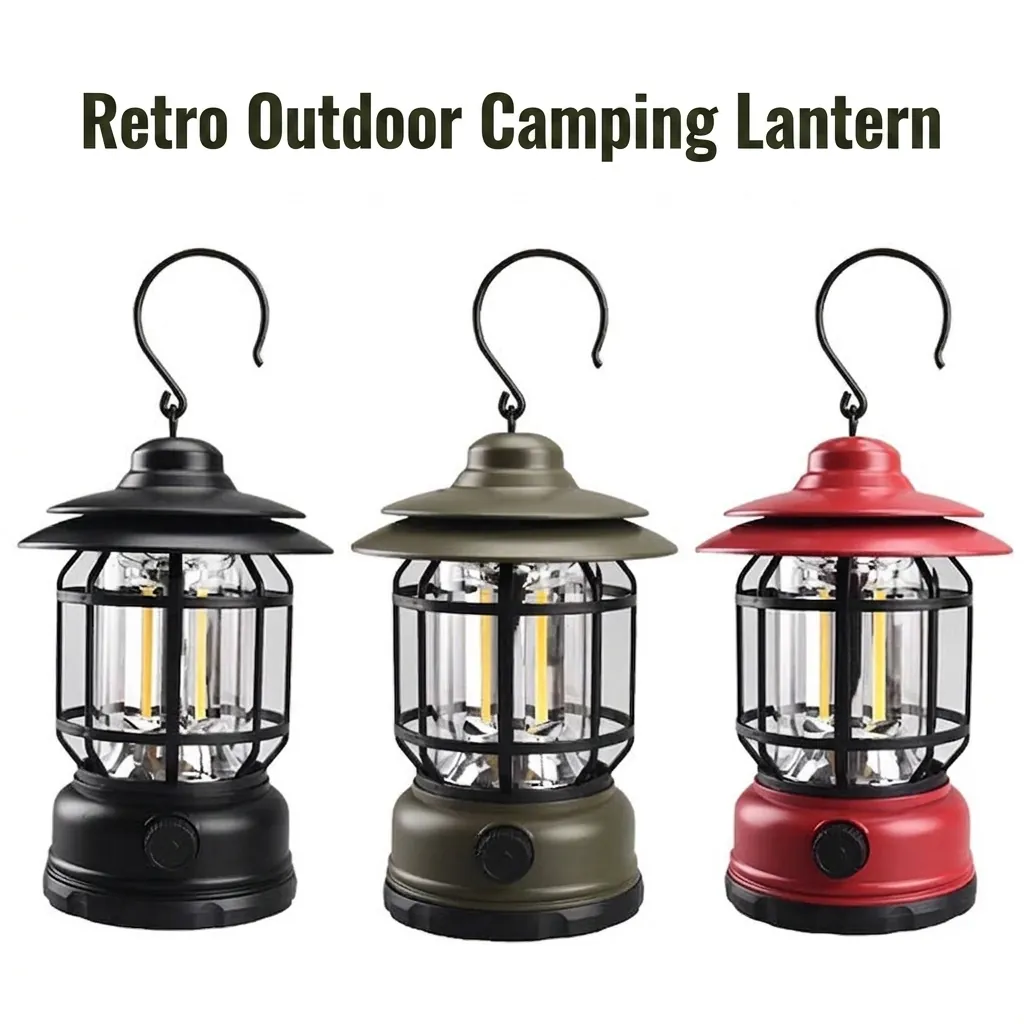 Lanterne de Camping LED Rétro Rechargeable Lampe Tempête Portable Avec Crochet en Métal Pour Tente Extérieure Jardin Maison