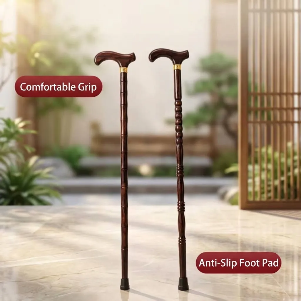 Solid Wood Walking Cane For Elderly Lightweight Hiking Stick Curved Handle With Metal Decorative Ring Outdoor Walking Aid