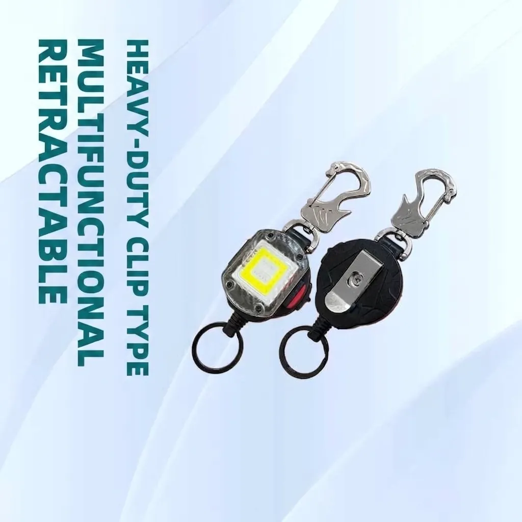 Robuster Ausziehbarer Schlüsselanhänger Ausweishalter mit COB-LED-Licht Typ-C Wiederaufladbar Taktischer Karabiner Flaschenöffner Stahldraht
