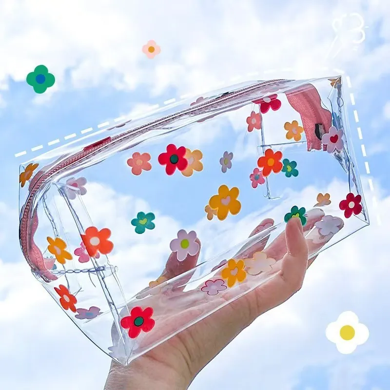 Bolsa de Maquillaje Transparente Impermeable PVC Estilo Coreano Gran Capacidad Floral Margarita Fresa Viaje Neceser Organizador