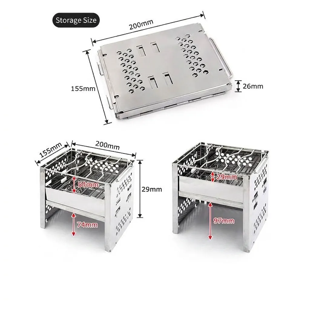 Stufa a Legna Portatile in Acciaio Inossidabile Mini Barbecue Pieghevole per Campeggio Esterno Picnic Cucina Argento