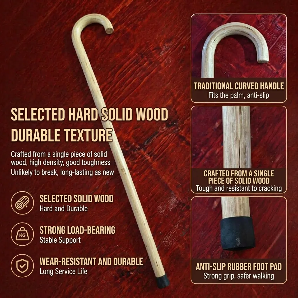 Retro Gehstock aus Massivholz für Senioren mit gebogenem Hakenhandgriff und rutschfester Spitze Integrierter Holzwanderstock