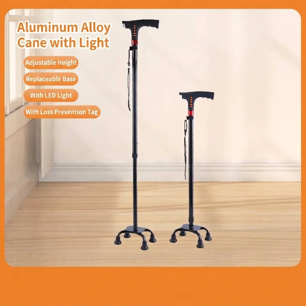 Adjustable Aluminum Alloy Crutch For Elderly With LED Light Alarm FM Radio Anti Slip Four Leg Base Telescopic Walking Stick