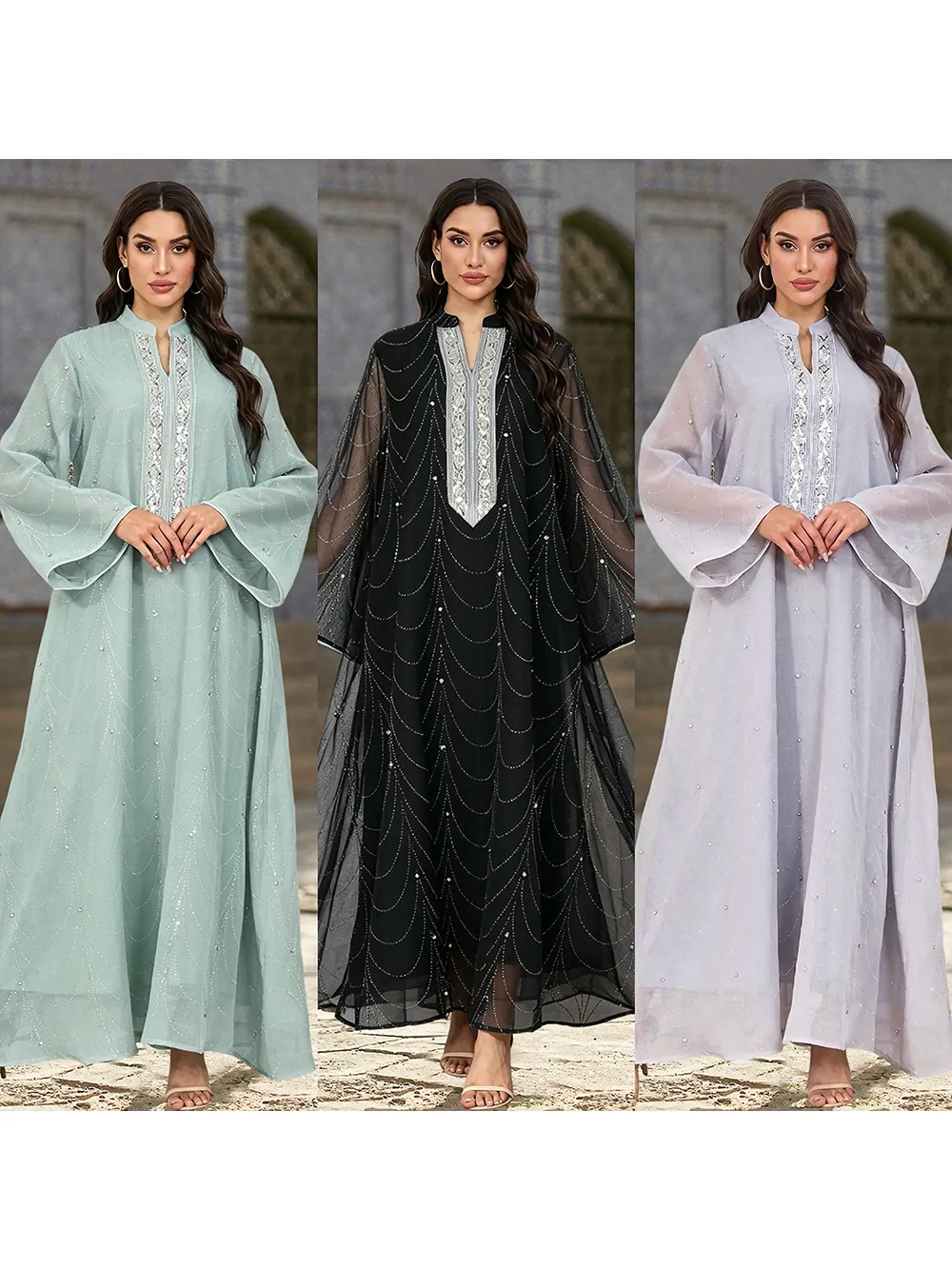 Robe Maxi Abaya Élégante en Maille de Polyester pour Femmes Kaftan Turc Avec Motif de Vagues en Strass Perlé Robe de Soirée