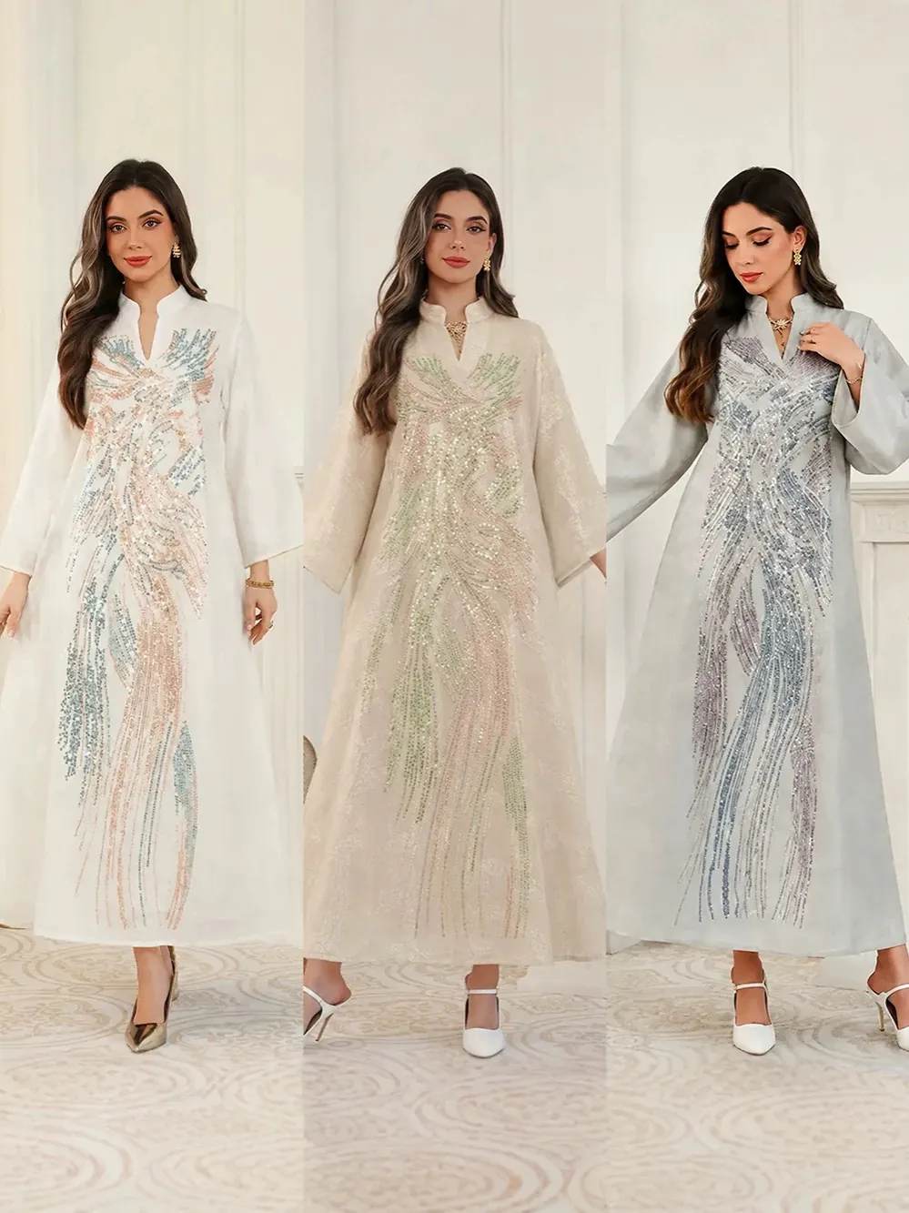 Vestido Largo Elegante para Mujer Cuello en V Poliéster Abalorios Pesados Patchwork de Lentejuelas Abaya Kaftan Estilo Malasio Maxi Vestido