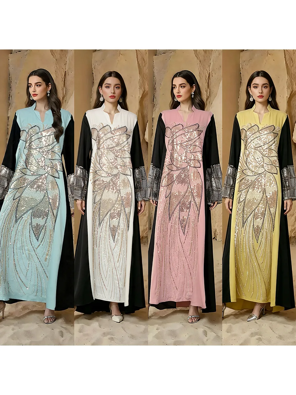 Robe Maxi Patchwork avec Applique en Perles Ethnique Élégante Manches Longues Pull Musulman Abaya Kaftan pour Femme Robe de Soirée