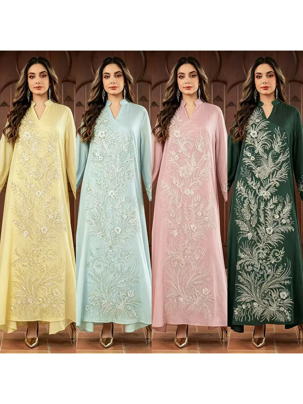Robe Maxi pour Femmes Élégante Style Ethnique Brodée Perles Paillettes Abaya Fluide Manches Longues Floral Caftan Banquet