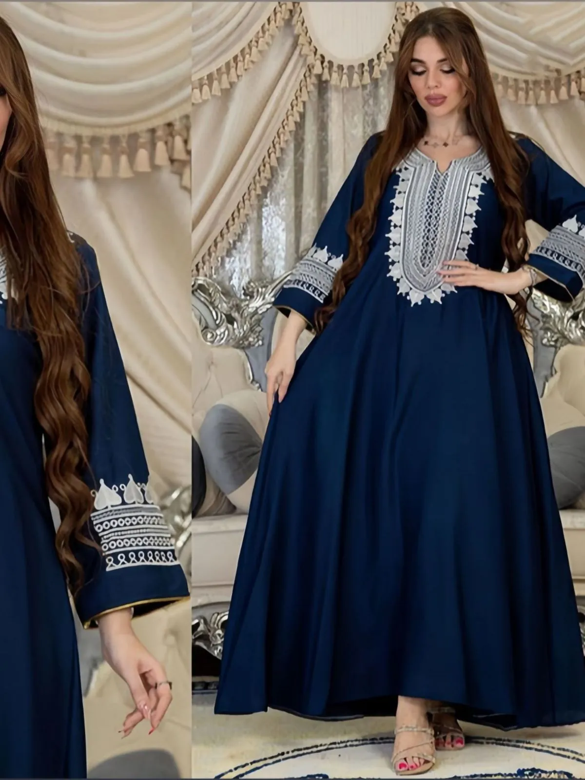 Robe Kaftan Ethnique Brodée d'Asie du Sud-Est pour Femmes Col en V Manches Longues Polyester Maxi Abaya pour Banquet Fête Mariage