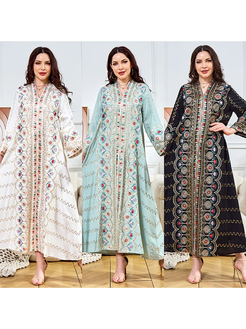 Boho Besticktes V-Ausschnitt Maxi Kleid Für Damen Ethno Pailletten Langarm Kaftan Abaya Lockeres Bankett Party Kleid