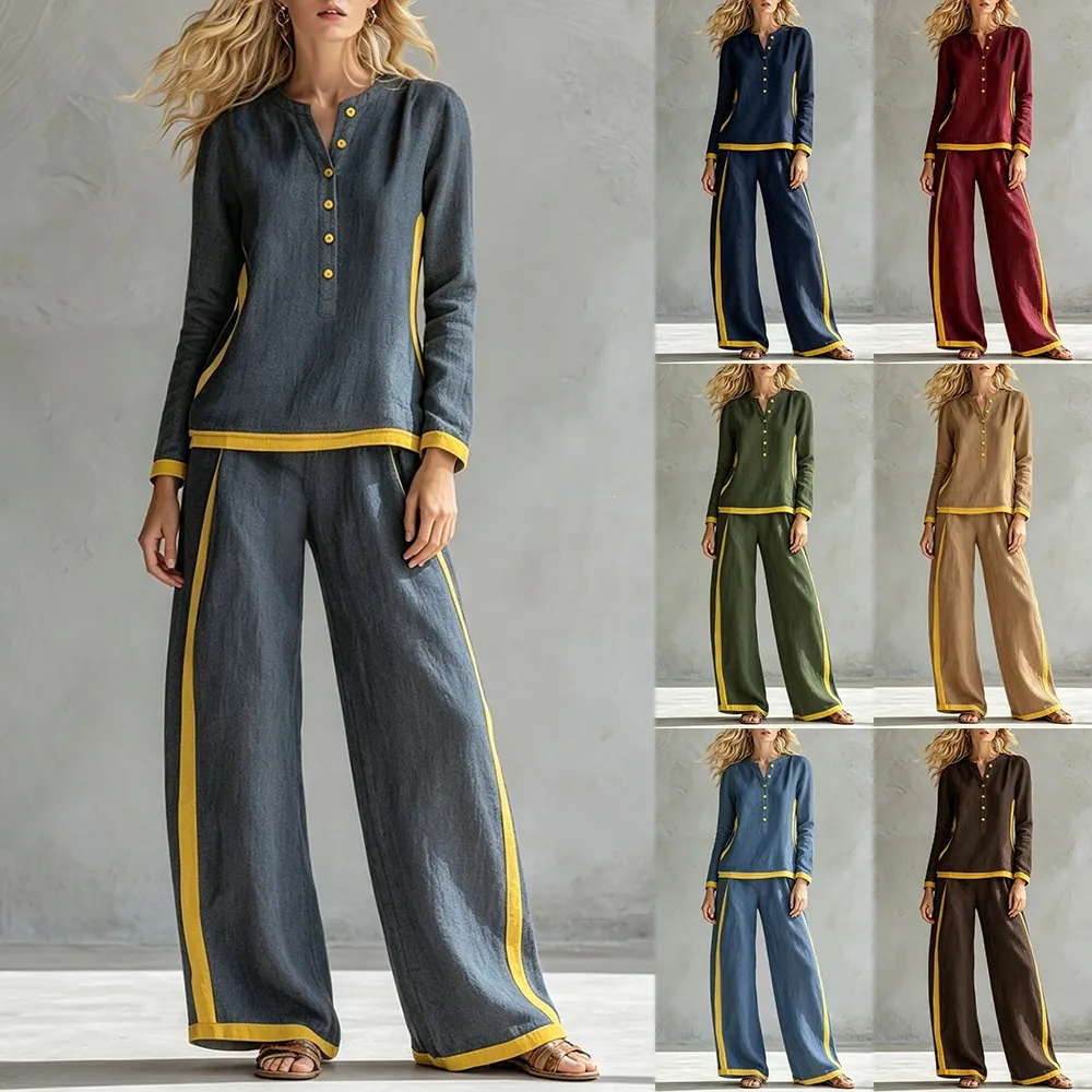 Women Top And Bottom Contrast Color Button Up Long Sleeve Cardigan And Wide Leg Pants Polyester Patchwork Casual Apparel