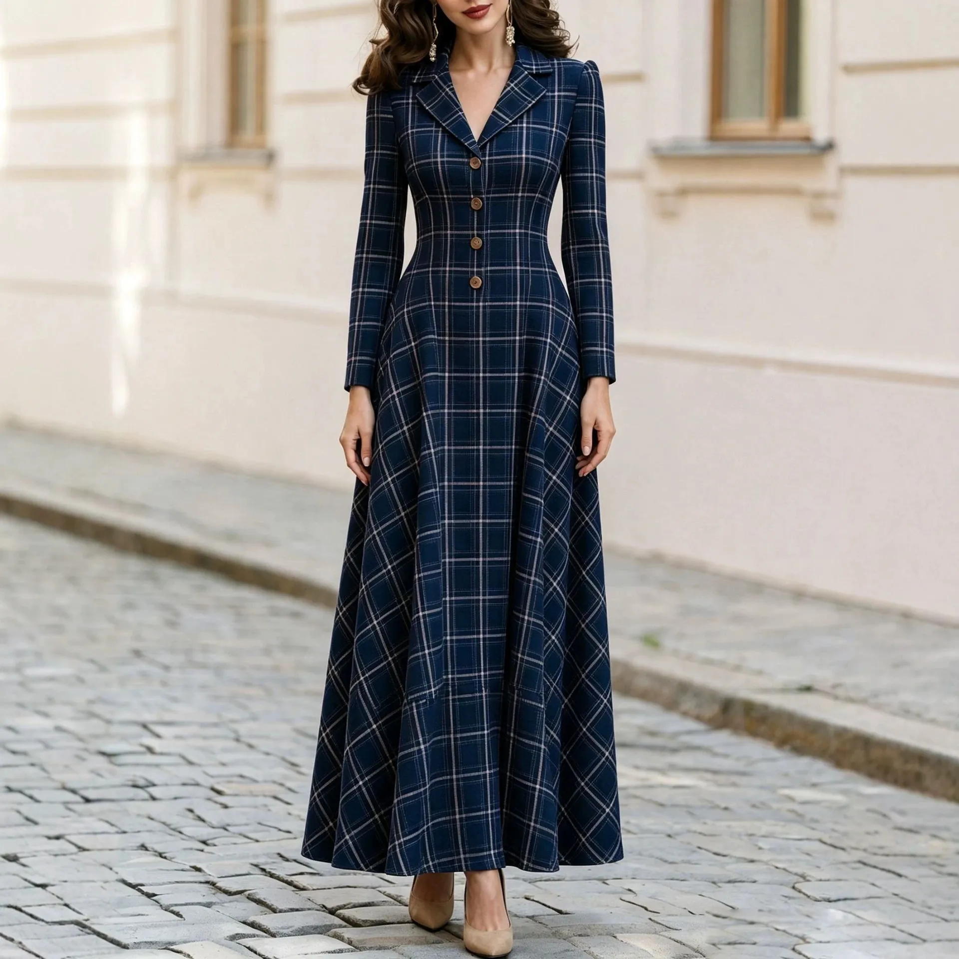 Vrouwen Franse Stijl Geruite Blazer Jurk Lange Mouw Maxi Jurk Herfst Winter Woon-werkverkeer Elegante Revers Jurk
