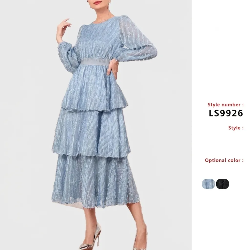 French Style Vintage Lace Tiered Midi Dress For Women Elegant Fairy Slim Fit Long Sleeve Crew Neck Tiered Cake Skirt Dress
