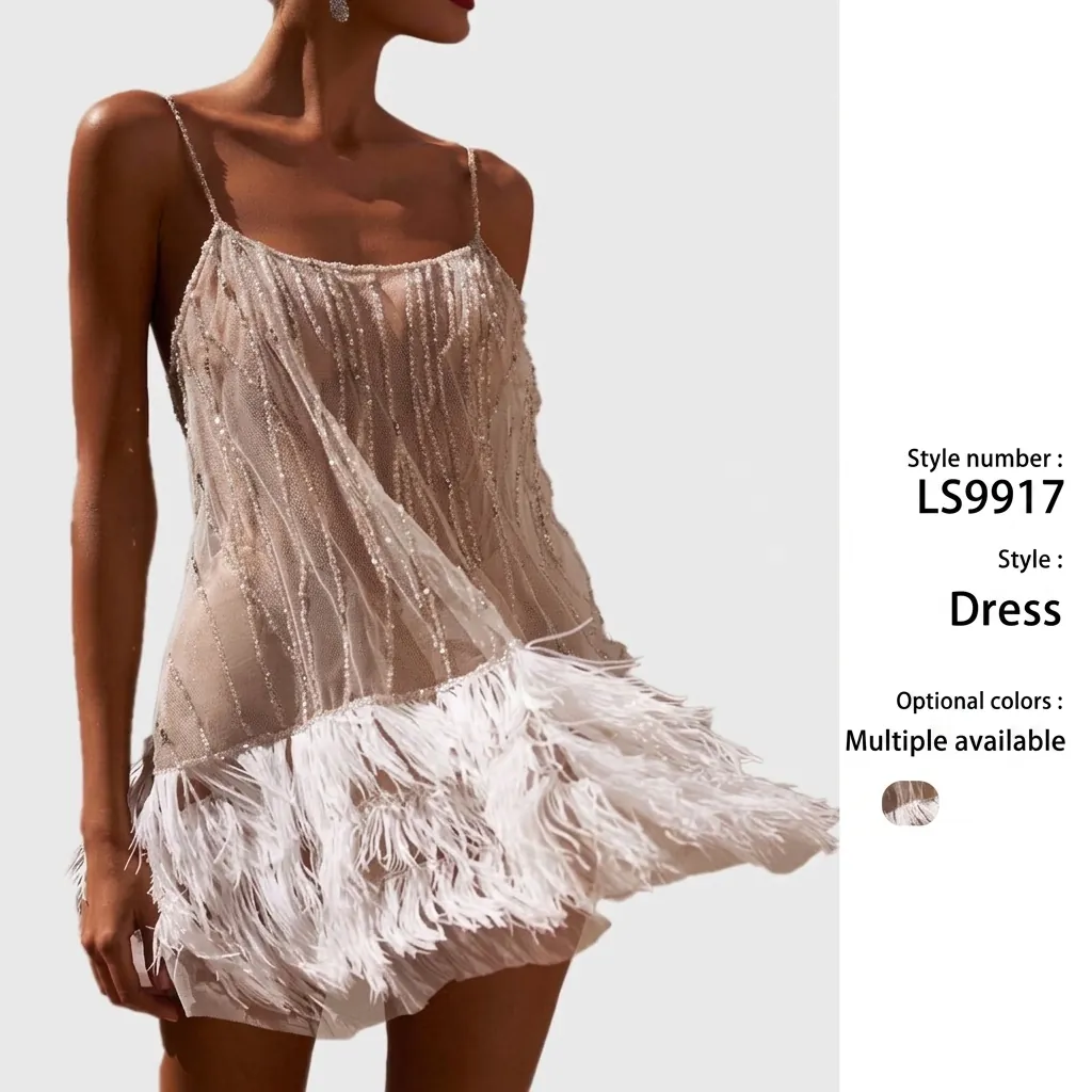 Women Sexy Backless Sequin Feather Mini Dress European Style Tiered Tassel Mesh Cami Party Evening Dress White Gold