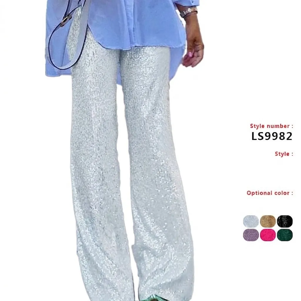 Women Fashion Sequin Pants Sparkly Straight Leg Trousers Glitter High Waist Casual Streetwear Party Clubwear Shiny Bottoms