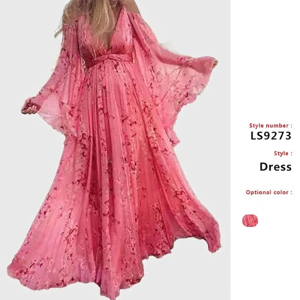 Elegante Roze Bloemen Polyester Maxi Jurk Sexy V-hals Vleermuismouw Geplooide Zwangerschapsjurk Voor Vrouwen Vakantie Feest Fotografie