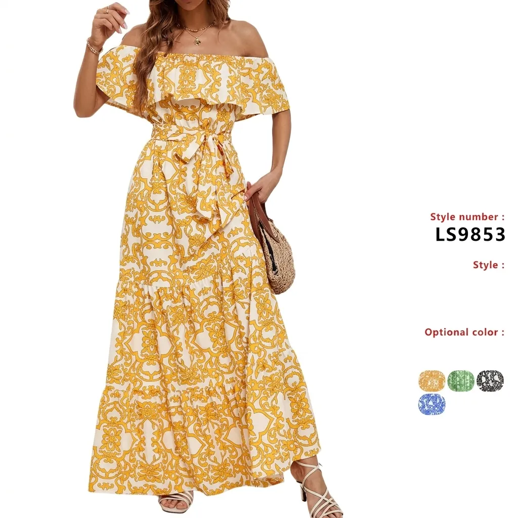 Vestido Maxi de Mujer con Hombros Descubiertos Poliéster Estampado Floral Volantes Manga Corta Estilo Bohemio de Vacaciones