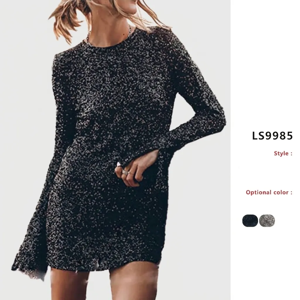 Women Sequin Long Sleeve Bodycon Mini Dress Sexy Backless Round Neck Nightclub Party Dress Casual Street Style Sequin Dress