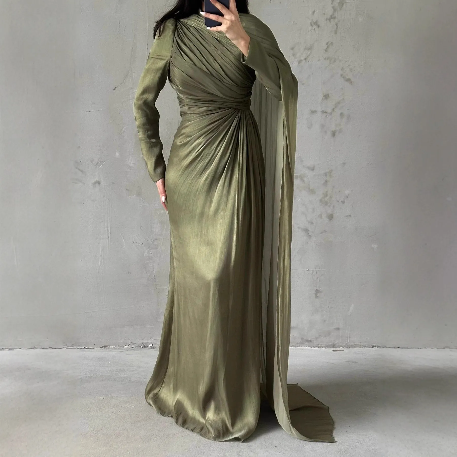 Vestido Largo Plisado de Poliéster Elegante Manga Larga Corte Ajustado Vestido Maxi para Mujer Vestido de Fiesta de Banquete