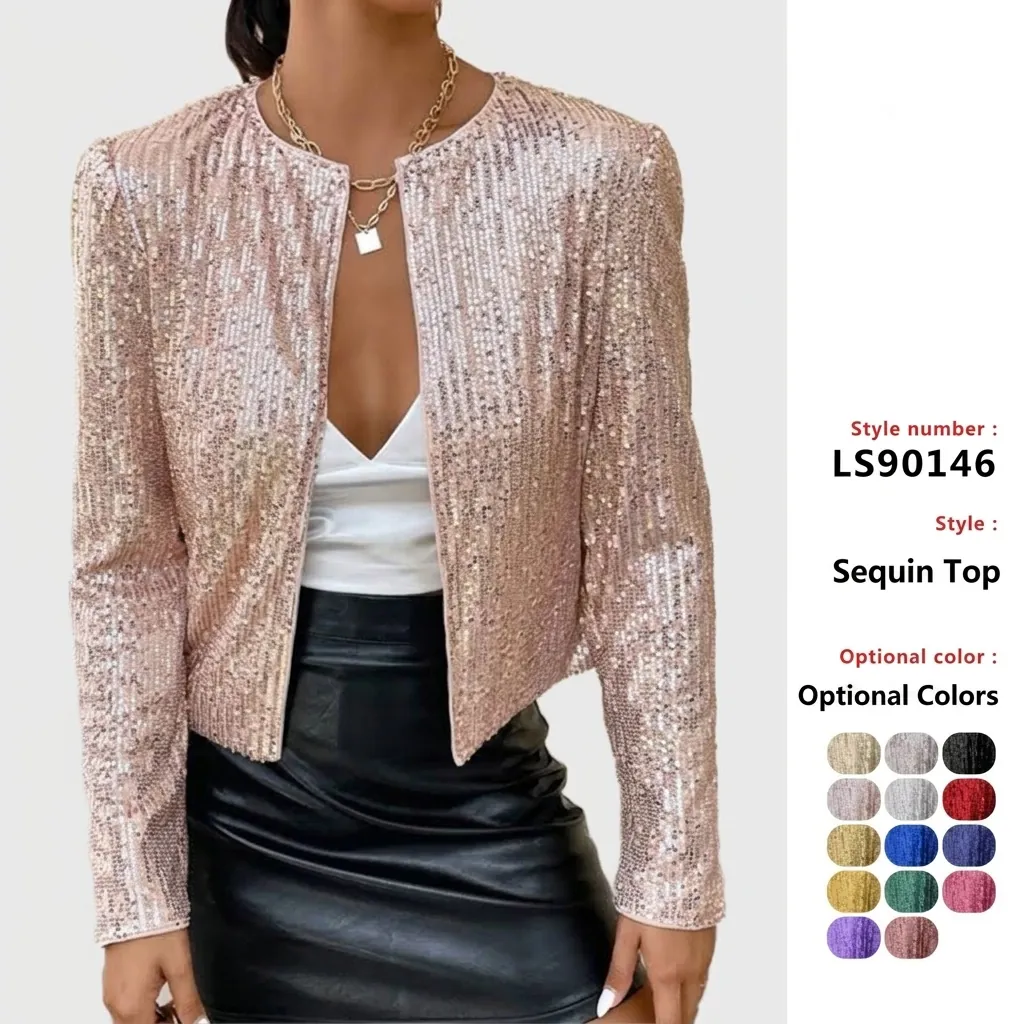Women Fashion Sequin Jacket Short Stand Collar Open Front Sparkly Long Sleeve Casual Blazer Coat Streetwear Party Outerwear